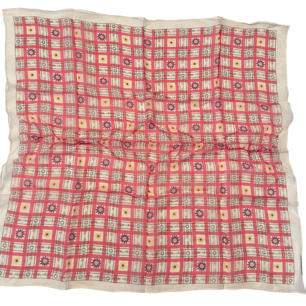 Cejon Accessories Silk Square Scarf Pink Gingham Floral Plaid Vintage 90s Y2K